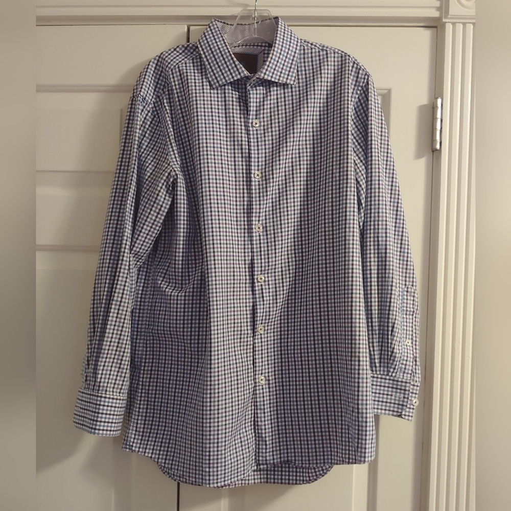 TATTERSALL London Check Long Sleeve Button Down Shirt 16 32/33 blue whit…